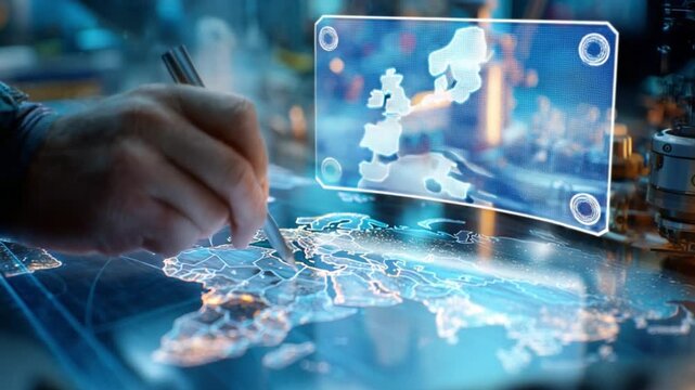 Analyzing the Map: A focused individual studies a glowing digital map, a pen tracing across the intricate details of geographical data. The scene hints at research, strategic planning.