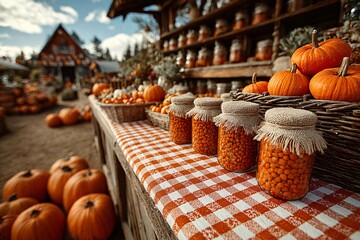 A rustic autumn market stall displays pumpkins, jars of preserved food, and a festive gingham tablecloth.