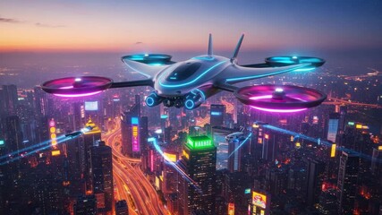 Futuristic drone over cityscape at dusk - Powered by Adobe