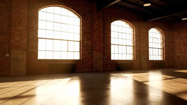 Industrial loft space with brick walls and grand arched windows, filled with warm golden sunlight that dances around the room, casting captivating shadows and reflections