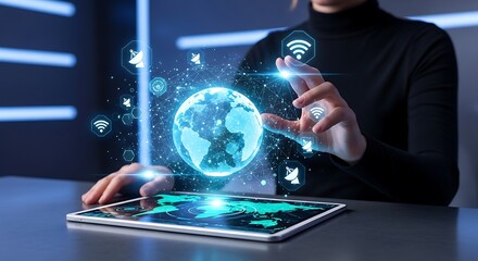 Woman using digital tablet with global network connection and technology icons
