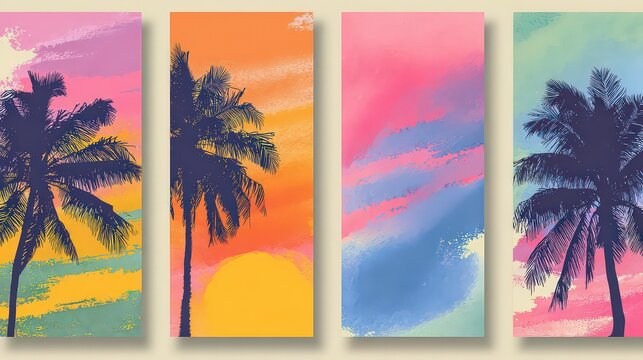 Four Colorful Tropical Palm Tree Silhouettes with Pink Yellow Orange and Blue Gradient Sky Backdrops for Summer Vacation Themed Graphic Design