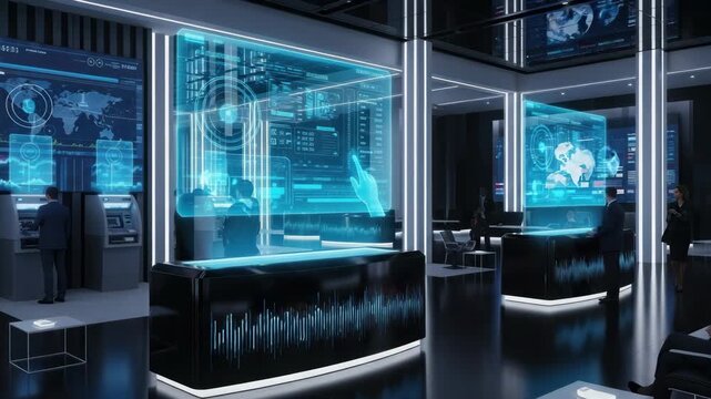 Futuristic interface displays in modern interior - Powered by Adobe