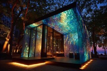 An illuminated glass pavilion displays an immersive underwater scene in a park at twilight, creating a magical atmosphere.