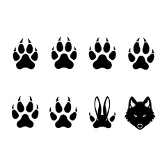 Animal paw print set and wolf head silhouette vector designs