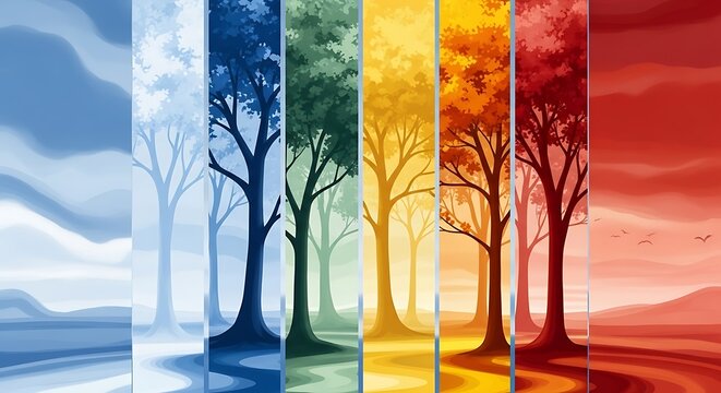 Stylized Seasons: A Colorful Depiction of Trees and Landscapes Through the Year