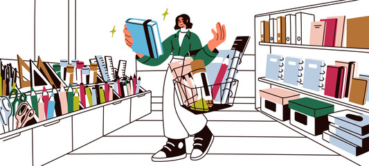 Shopping in stationery store. Woman walking among shelves, choosing and buying office supplies, accessories. Female customer, buyer with basket and stationary purchases. Flat vector illustration