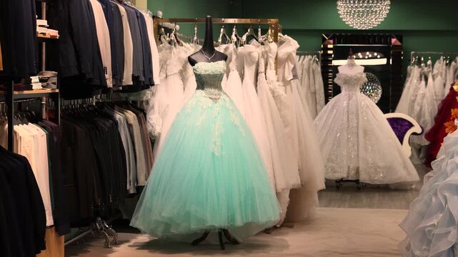 Store preparing for prom and wedding season with affordable colorful dresses and suits for bridesmaids and guests, displayed on racks, offering stylish festive outfits without branded labels.
