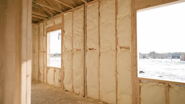 Interior of a residential house under construction showing the wooden frame with freshly applied spray foam thermal wall insulation