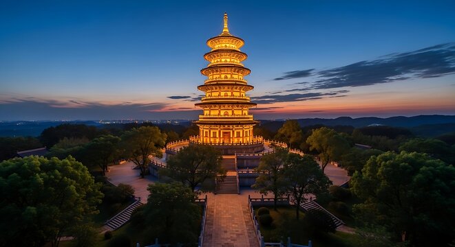 Illuminated pagoda stands tall against the twilight sky in yangzhou, china