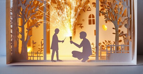 Papercraft scene depicts father, son enjoying sparklers. Warm light emanates from within layered cutout design. Festive, cozy atmosphere.