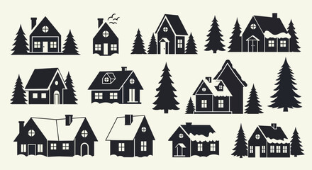 Fototapeta premium Christmas Village Silhouette Icons