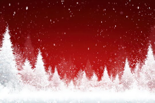 Snowy Forest Silhouette Against a Red Gradient Background with Falling Snow