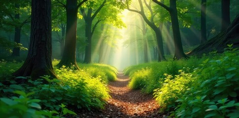 Fototapeta premium Sunlit Forest Trail Lush Green Canopy, Dappled Sunlight, Winding Path Perfect for Adventure and Exploration Photography