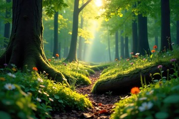 Obraz premium Sunlight dapples the forest floor, illuminating a vibrant tapestry of green leaves, moss-covered logs, and wildflowers A sense of tranquility pervades this peaceful woodland scene , log, rural