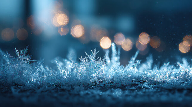 Macro frost crystals on glass surface with blurred bokeh lights in cold blue winter atmosphere
