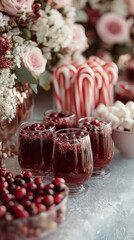 Winter wonderland cocktail bar with frosted glasses filled with cranberry cocktails and peppermint hot chocolate station featuring candy canes and elegant decor
