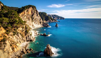 Dramatic Coastal Cliffs and Turquoise Ocean Waters Under a Bright Blue Sky with Wispy Clouds
