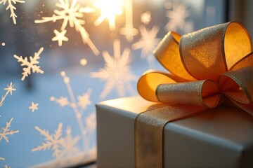 Metallic Gold Gift Box with Satin Ribbon Bow by Window with Snowflake Decals and Sun Flare, Elegant Holiday Scene