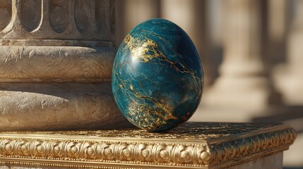 Ornate Teal Egg Resting On Golden Surface Near Ancient Stone Pillars in Bright Sunlight