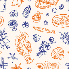 Italian food, seamless pattern. Endless design, Dolce Vita doodles, Mediterranean cuisine. Repeating print with lemons, seafood, lobster. Texture, background for wrapping. Drawn vector illustration