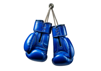A pair of blue boxing gloves hang from a hook, ready for use  isolated on transparent or white background