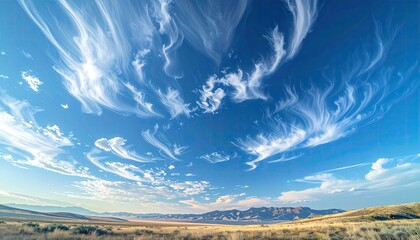 Dramatic Sky With Wispy Clouds Over Arid Landscape Under Bright Sunlight