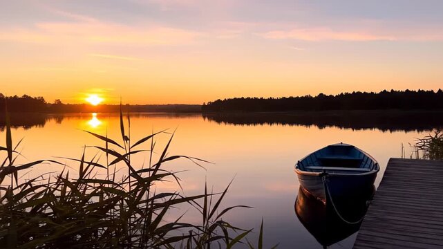 The sun dips below the horizon, casting a golden glow over the serene lake lined with reeds. A small wooden boat gently bobs at the dock, adding to the tranquil atmosphere of the scene