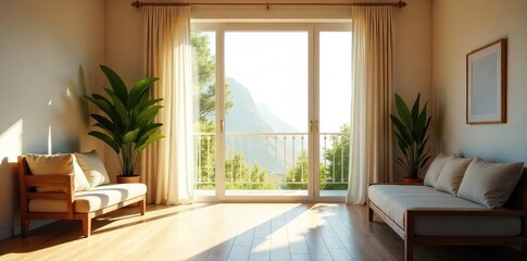 Sunlight streams through a wide open window, illuminating a bright, airy room, signifying freedom and the joy of daylight , unburdened, landscape