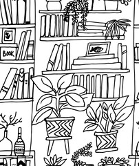 book shelves hand drawn seamless pattern, shelves are illustrated with a sketch-like, slightly imperfect line art style