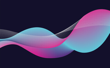 Vibrant abstract background with glowing neon waves in pink, purple, and blue on a dark navy backdrop. Modern, digital, and fluid motion design.