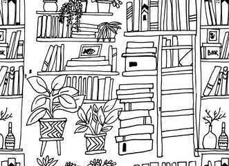 book shelves hand drawn seamless pattern, shelves are illustrated with a sketch-like, slightly imperfect line art style