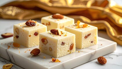 Four Square White Desserts Topped With Nuts And Raisins Artfully Arranged On A Marble Board With Gold Fabric Draped In The Background