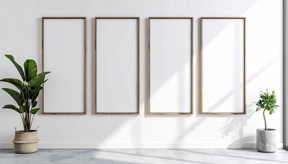 Four Vertical Empty Poster Frames Mounted On A White Wall With Sunlight Casting Shadows Next To Two Potted Plants In A Modern Office Space