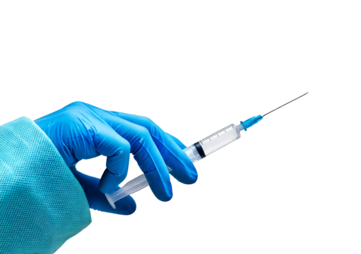 Hand with glove holding a syringe for vaccination , isolated on transparent or white background