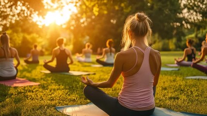 yoga workshop outdoors. Group of people practicing yoga on mats in a park. Lotus pose. summer yoga class. International Yoga Day. wellness blog, fitness article promoting health and mindfulness