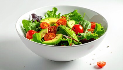Fresh green salad in a white bowl with avocado cherry tomatoes and mixed greens served on a clean white surface with scattered seeds and a bright studio light