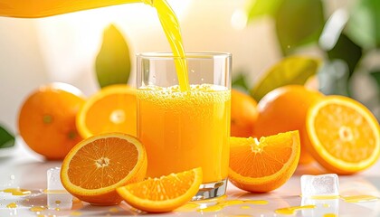 Fresh Orange Juice Poured into a Glass Surrounded by Oranges and Ice Cubes in Bright Sunlight