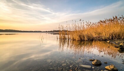 Golden Dry Reeds Reflecting In Calm Lake Water Under A Soft Sunrise Sky With Wispy Clouds And Distant Shoreline Cityscape
