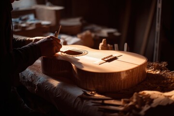 Fototapeta premium Crafting a flamenco guitar in a workshop by a young luthier in the warm light of evening