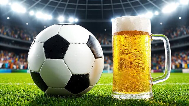 Chilled, revitalizing pint of lager beer beside a soccer ball on the lush turf of a championship stadium field. Commemorating a victorious title