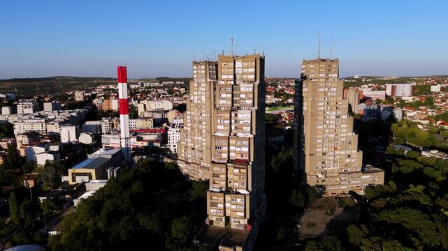 Aerial drone view of the Eastern Gate of Belgrade, Serbia a monumental brutalist residential complex urban cityscape skyline ex Yugoslavia