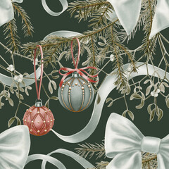 Vintage Christmas seamless pattern-velvet tree balls with beads and gold threads and red ribbon hanging from a spruce branch,sprigs of mistletoe,silk blue bow and wavy ribbons.Watercolor illustration