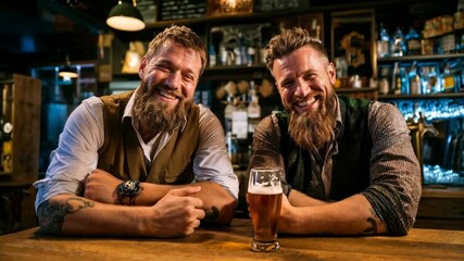 Bearded friends sharing craft beer in rustic bar interior, laughing over conversation, embodying camaraderie, downtime comfort and authentic social ritual - Powered by Adobe