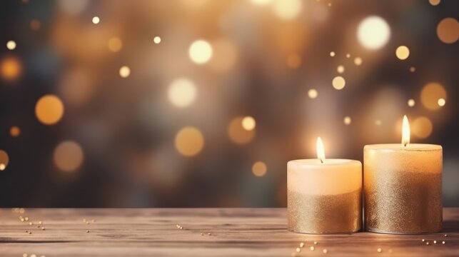 christmas candle background with golden glowing blurredl ights