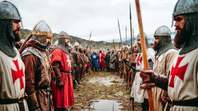 Historic re‑enactors lined in armor beneath gray sky, evoking medieval warfare ritual, pageantry and cultural heritage in disciplined formation