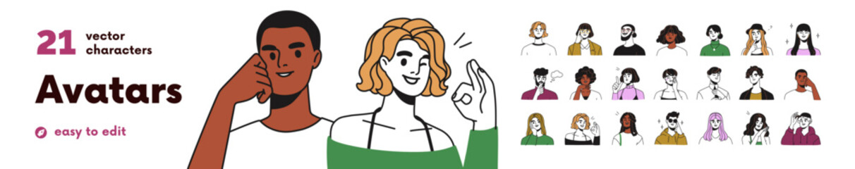 Happy young men and women avatars set. Smiling people with thinking face expressions. Modern line character heads, thoughtful girls and guys. Flat vector illustrations isolated on white background