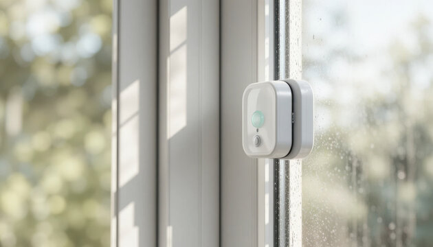 Smart home sensor is mounted on window, capturing sunlight and reflections. device is designed for security and automation, blending seamlessly with modern interior