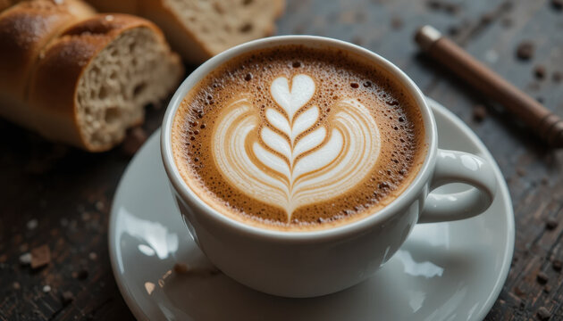 Cup of cappuccino with intricate latte art sits on wooden table, accompanied by slices of fresh bread. warm ambiance and detailed design create cozy and inviting atmosphere