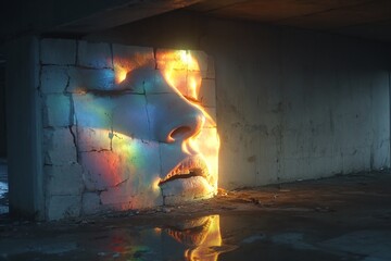 A face emerges from a cracked wall, illuminated by an ethereal glow, its reflection shimmering in a puddle below.